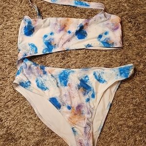 BOOHOO white and Blue open side tie  one piece swimsuit size 8